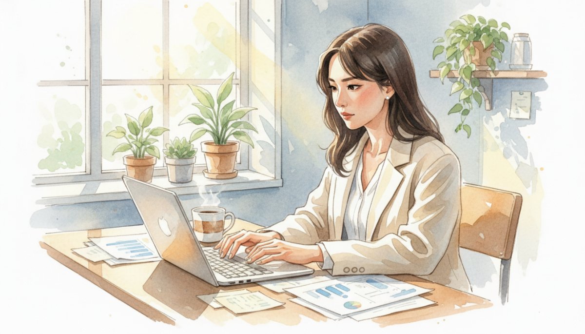 パソコンで作業する自信に満ちた女性