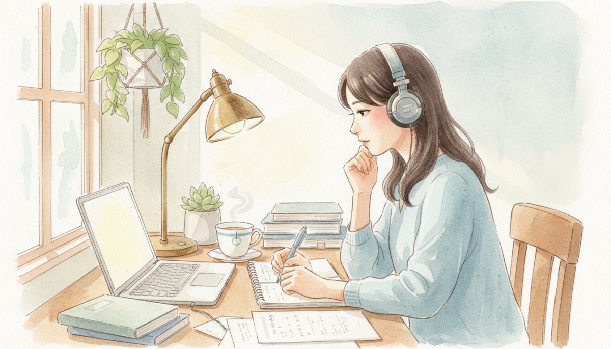 動画を見ながら学ぶ女性