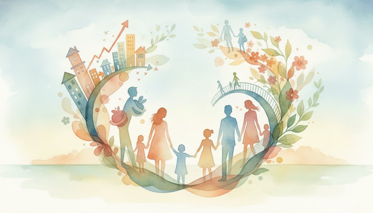 共働き世帯の増加を表現した水彩画イラスト