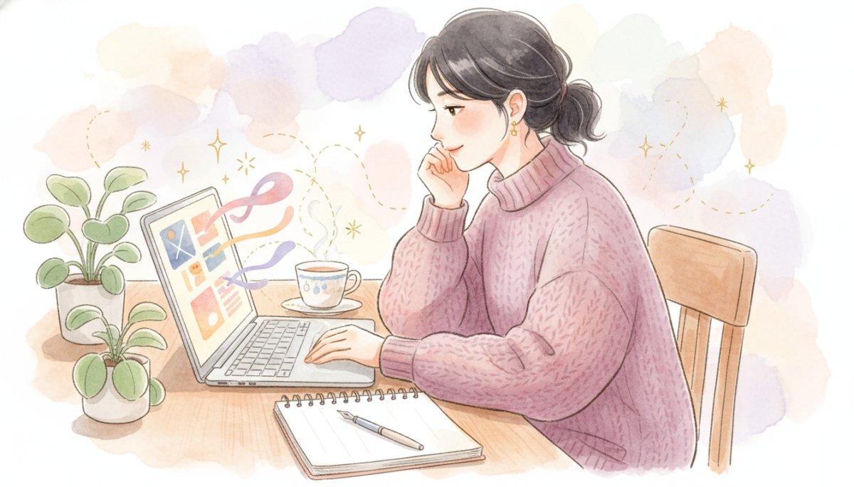 記事添削を受ける女性 水彩画