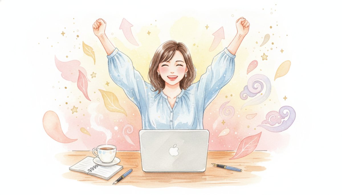 成果を喜ぶ女性 水彩画