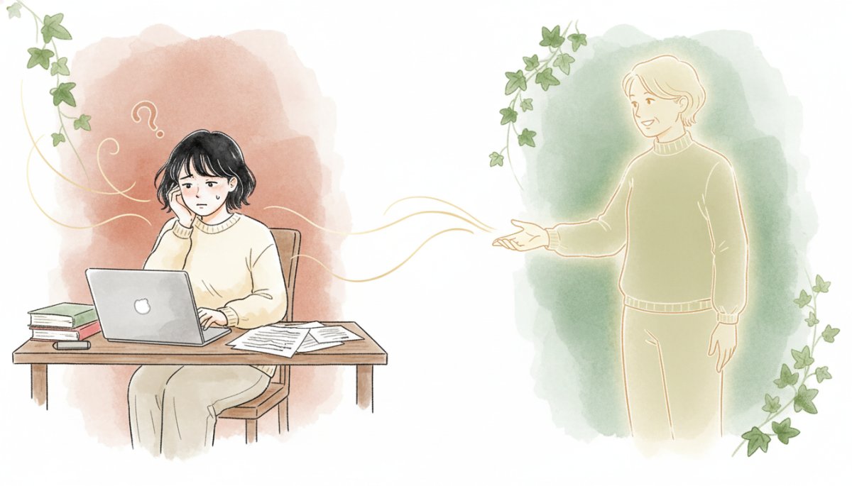 在宅ワークで迷う女性がメンターに出会い希望を見出す様子を描いた水彩画