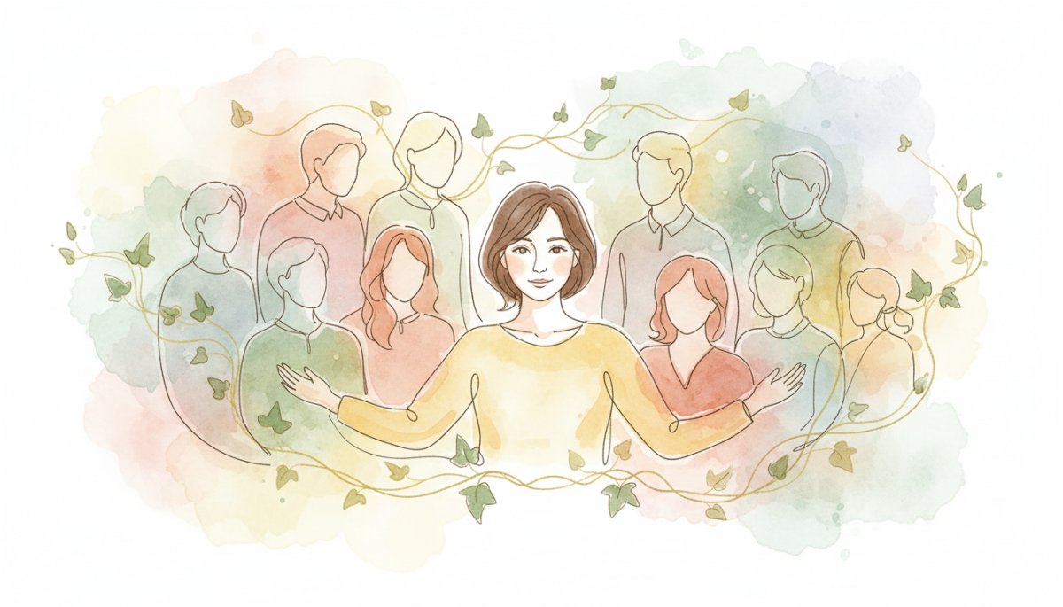 Withマーケのコミュニティで支え合う様子を描いた水彩画