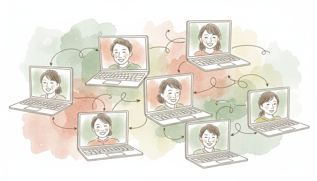オンラインで繋がり励まし合う仲間たちのイメージ
