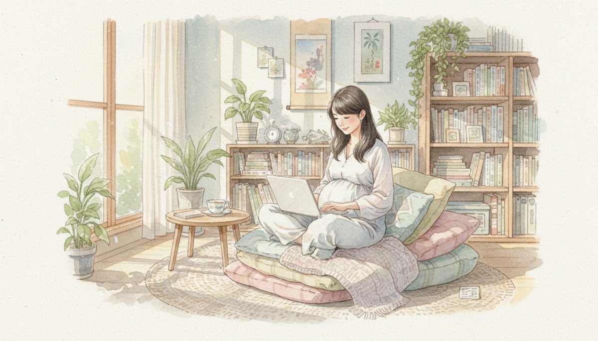 妊婦が自宅でリラックスして学習している様子 水彩画