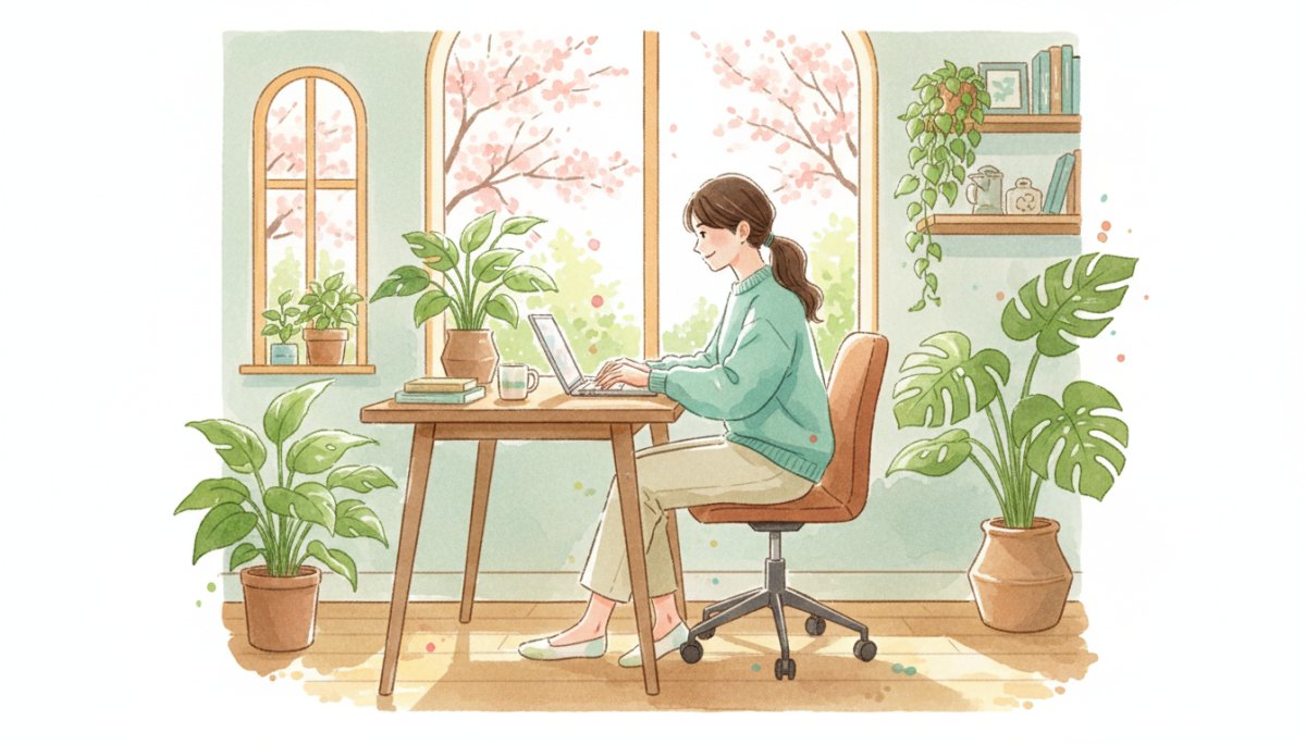 在宅ワークで働く女性 明るい未来 水彩画