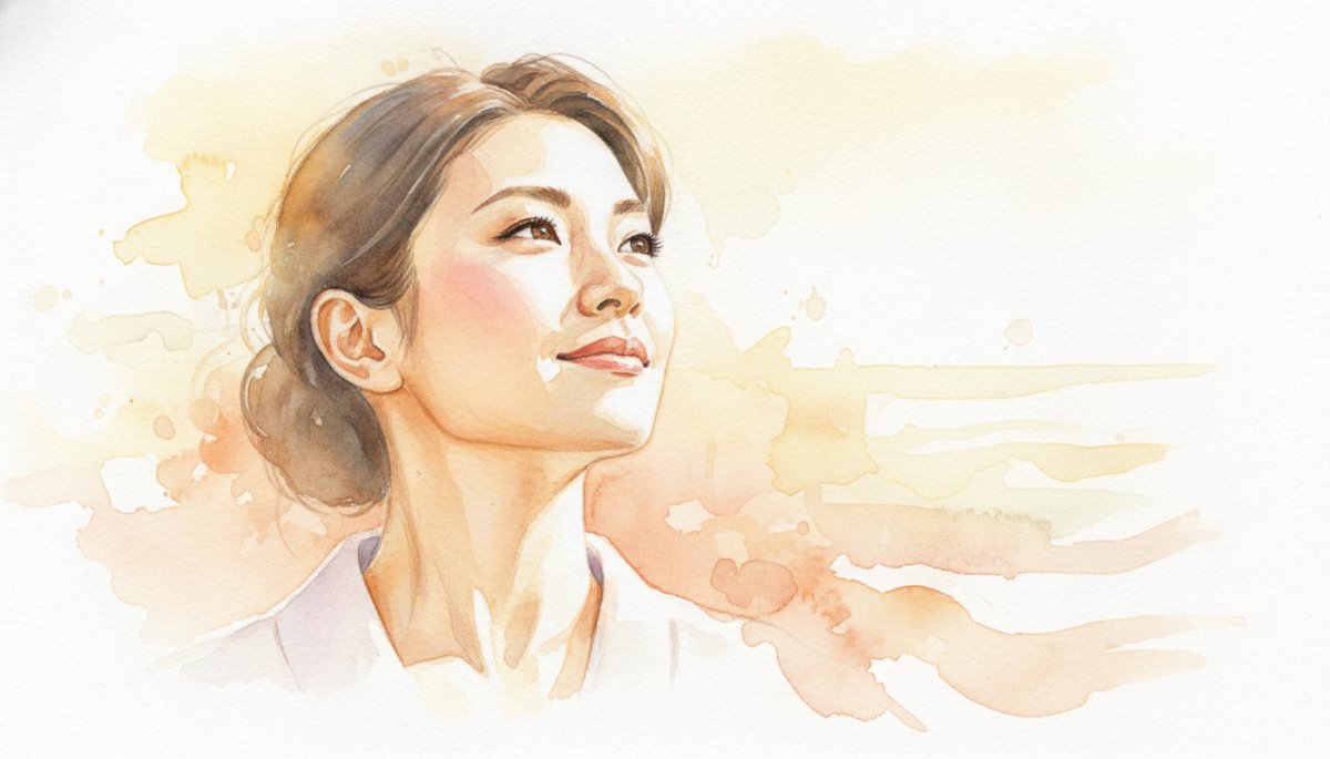 希望に満ちた未来を見つめる女性 水彩画