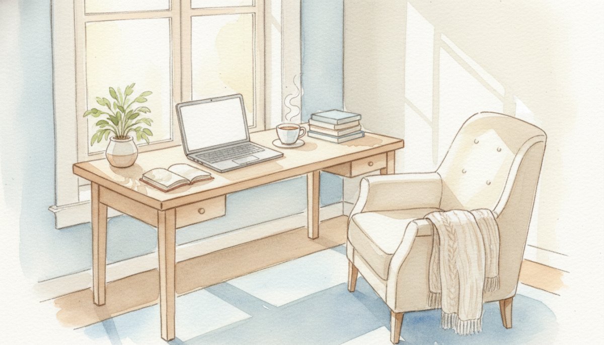 在宅ワークを始める主婦のイメージ 水彩画