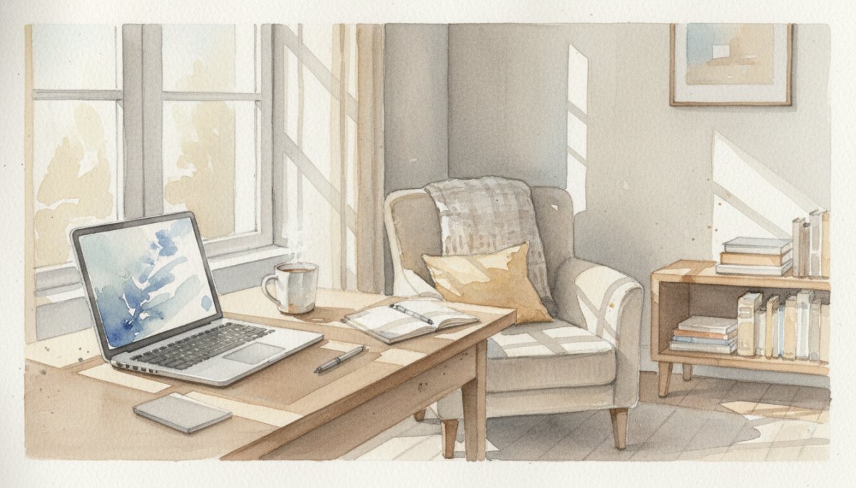 パソコンの前で悩む女性、在宅ワーク、初心者の不安