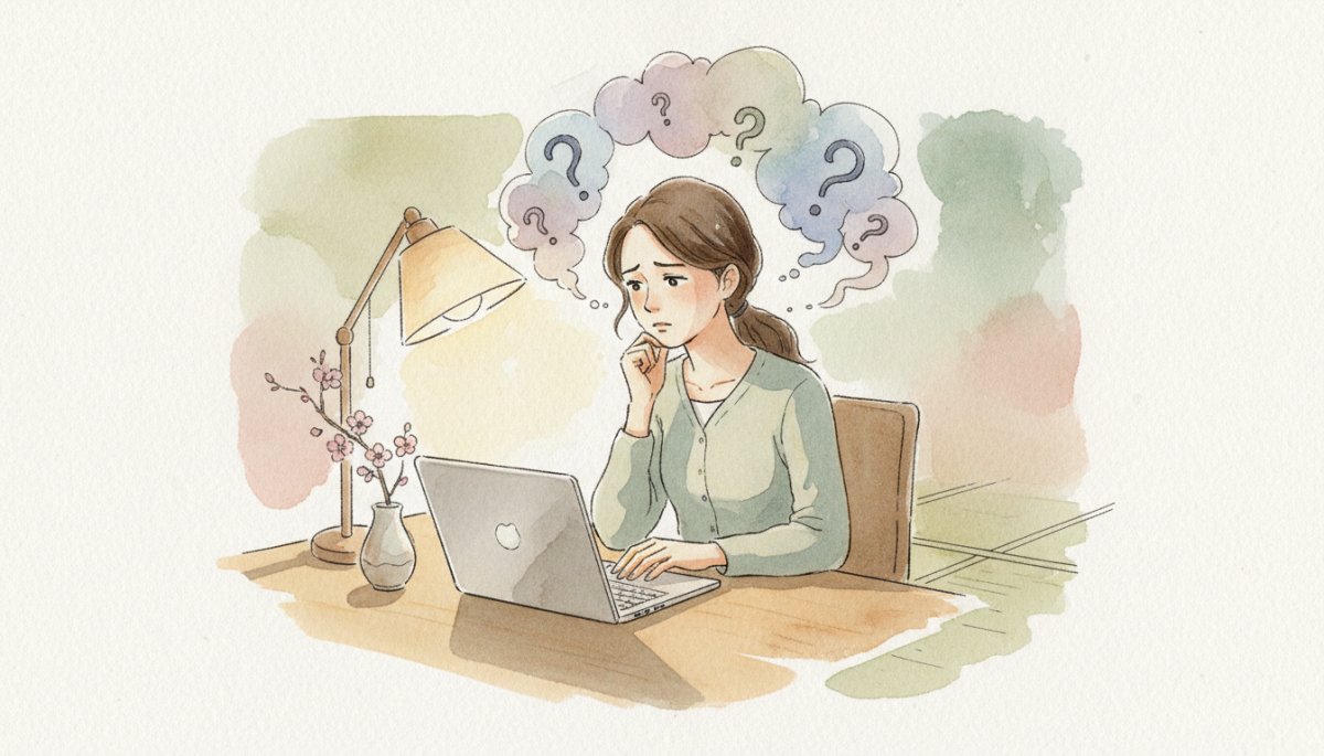 SEO実績作りに悩む女性の様子を描いた水彩画