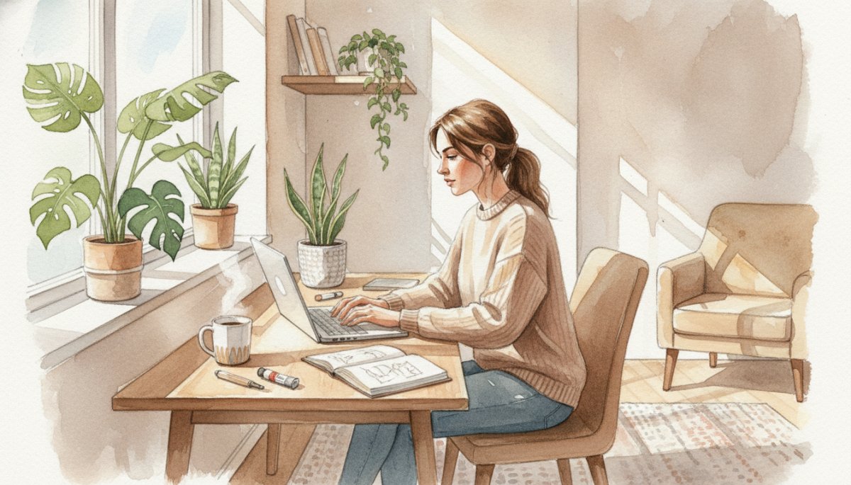 SEO学習を始めた女性の決意を表す水彩画