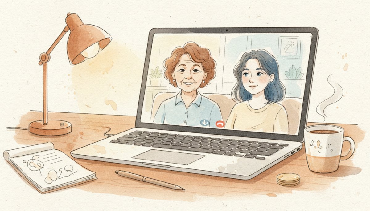 オンライン面談でサポートを受ける様子を描いた水彩画