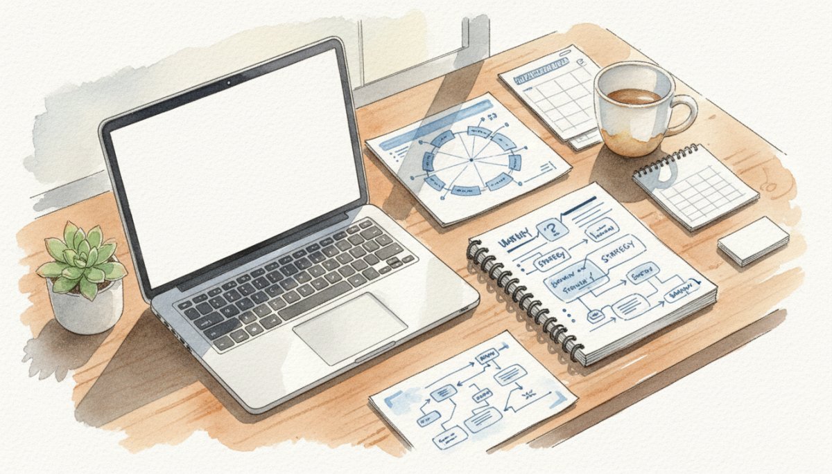 案件獲得のための戦略を考える様子を描いた水彩画