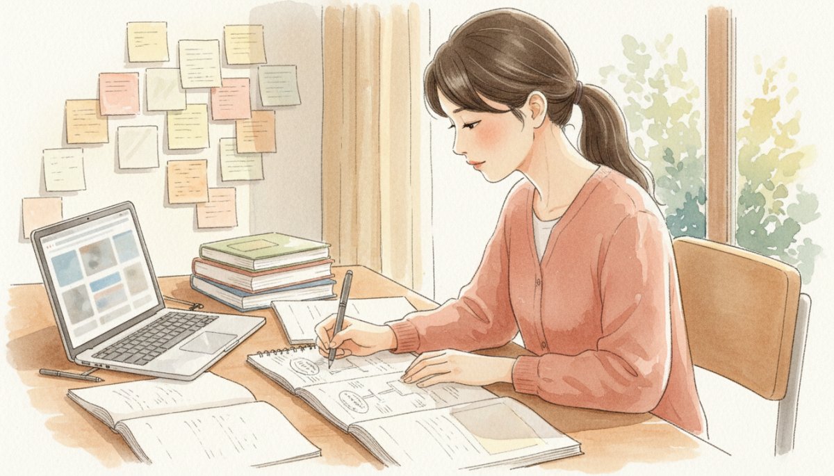 リサーチと構成作りに取り組むSEOライターのイメージ