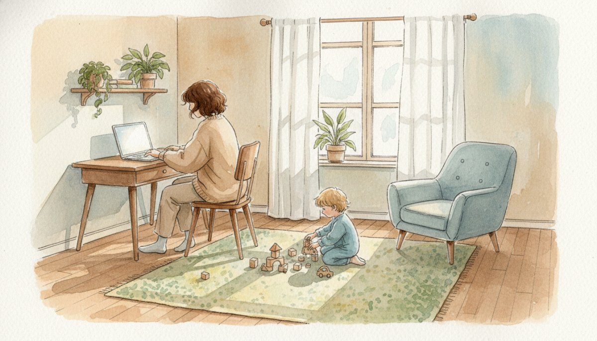 自宅でパソコンに向かう女性と遊ぶ子供の温かい風景 在宅ワーク ママ オンライン学習