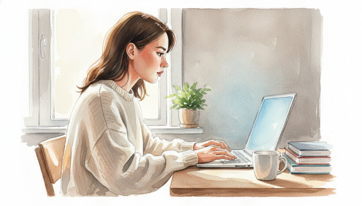 オンライン講座を受講する女性の集中した表情 Webデザイン学習 スキルアップ