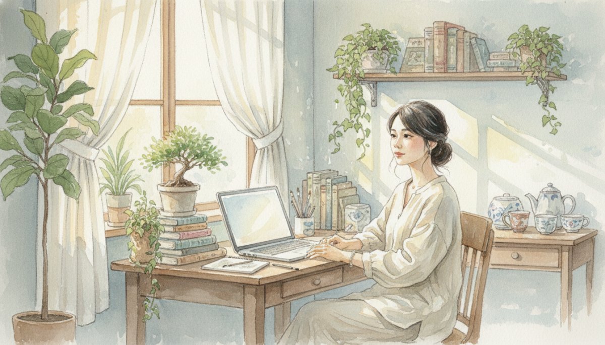 SEO学習を始める女性のイメージ 水彩画