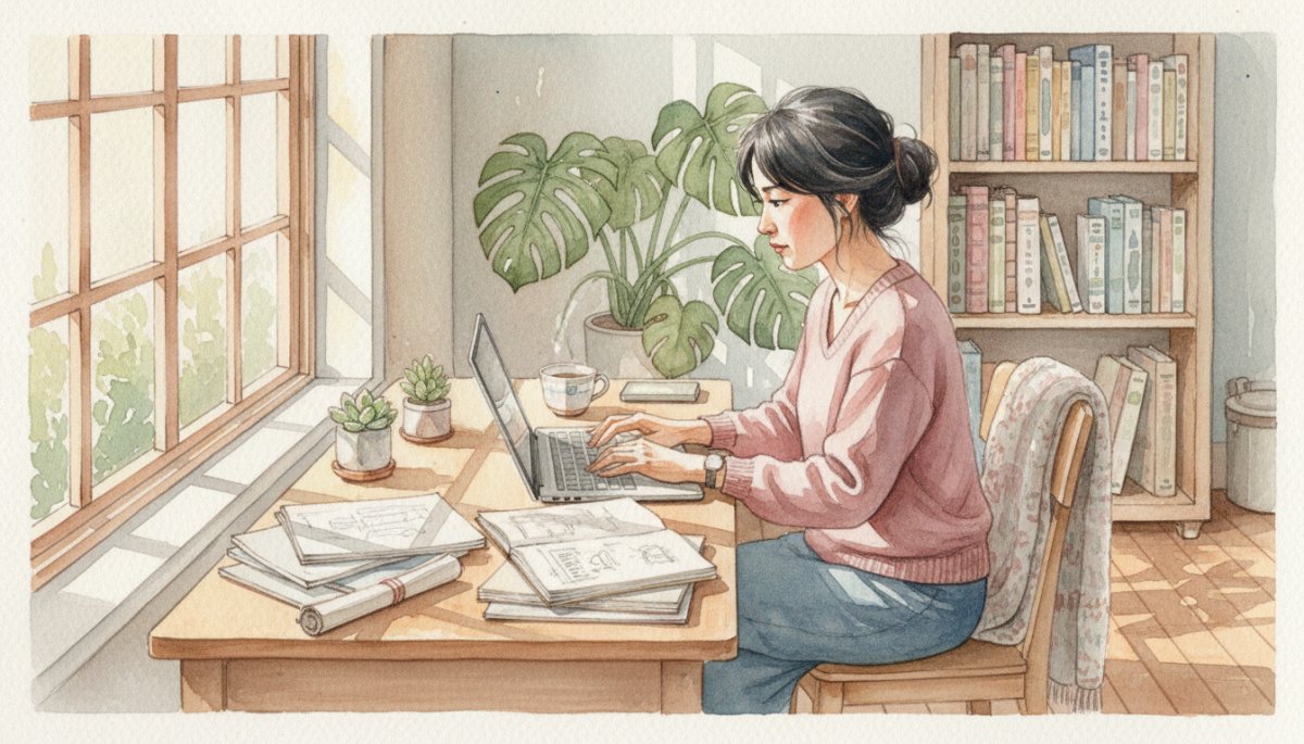 記事執筆に集中する女性 ノートパソコン 水彩画
