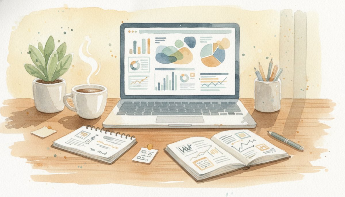 データ分析とサイト設計のイメージ グラフとノート 水彩画