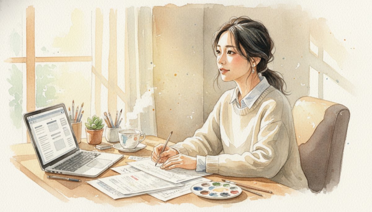 応募書類を作成する女性 パソコンと書類 水彩画