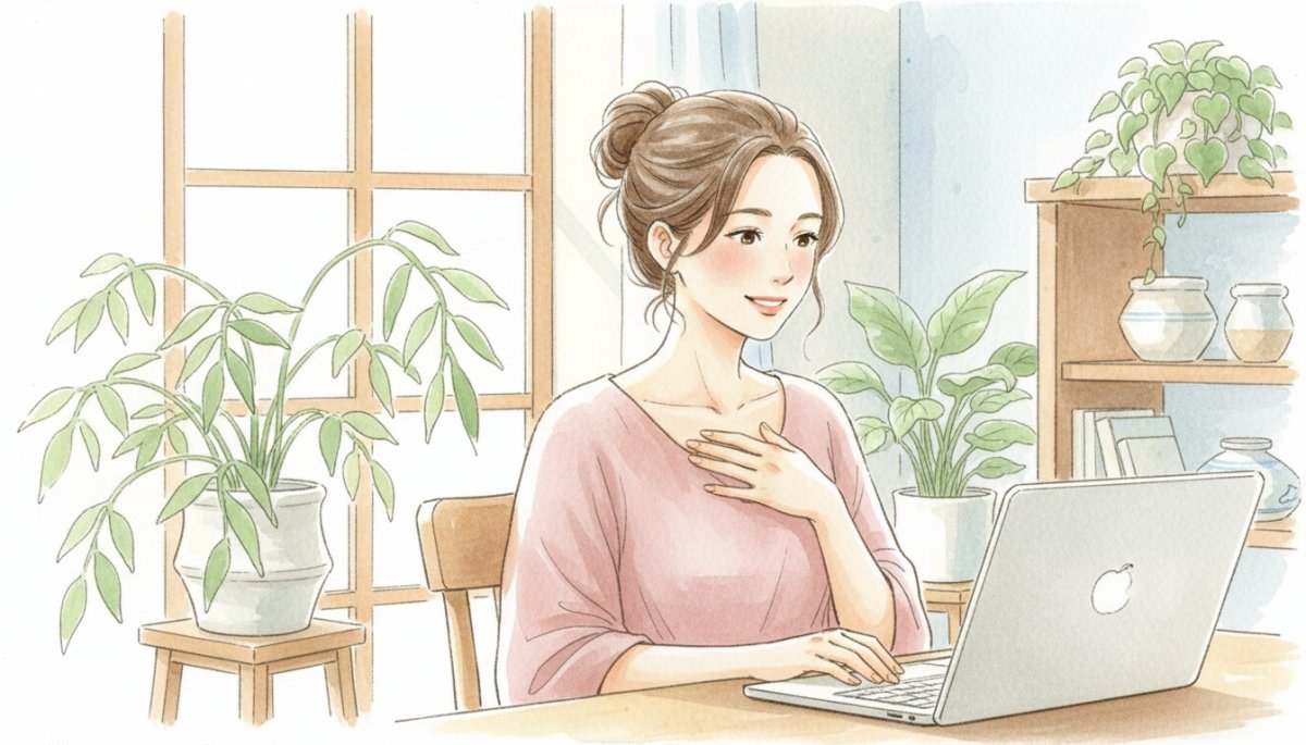 オンラインで相談する女性 安心した表情 水彩画