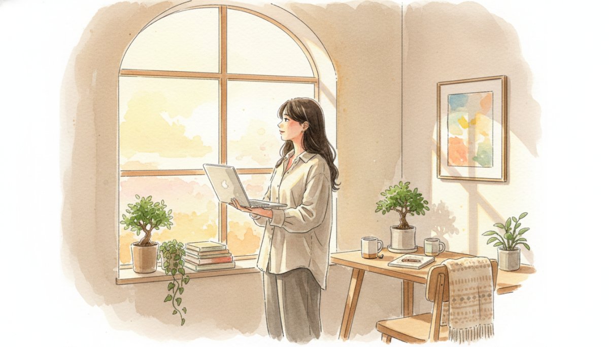 新しい一歩を踏み出す女性 希望に満ちた表情 水彩画