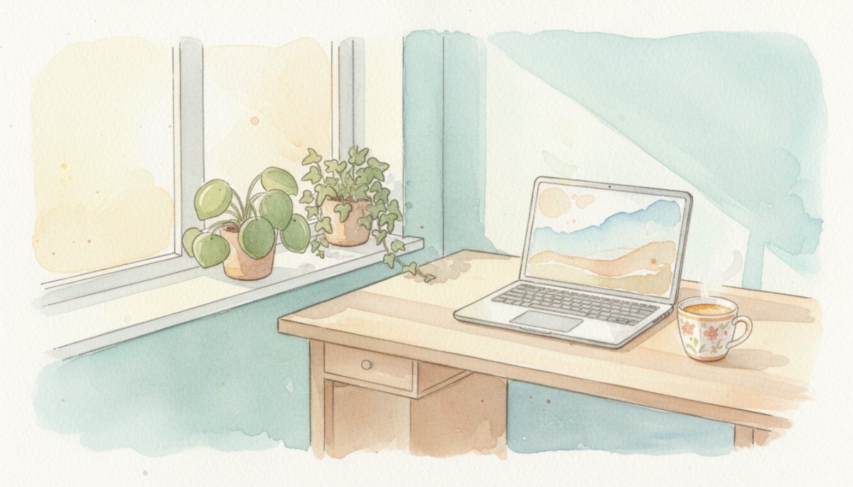 在宅ワークを始めるママのイメージ 水彩画