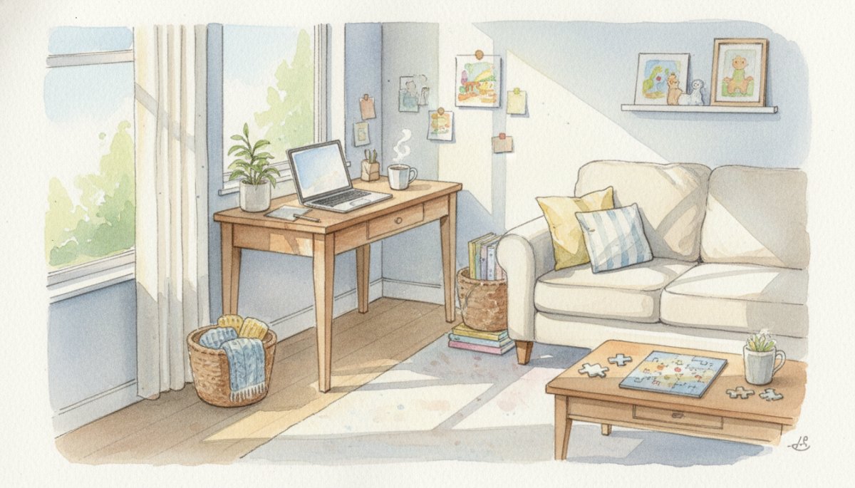 家族との時間を大切にする在宅ワーク 水彩画