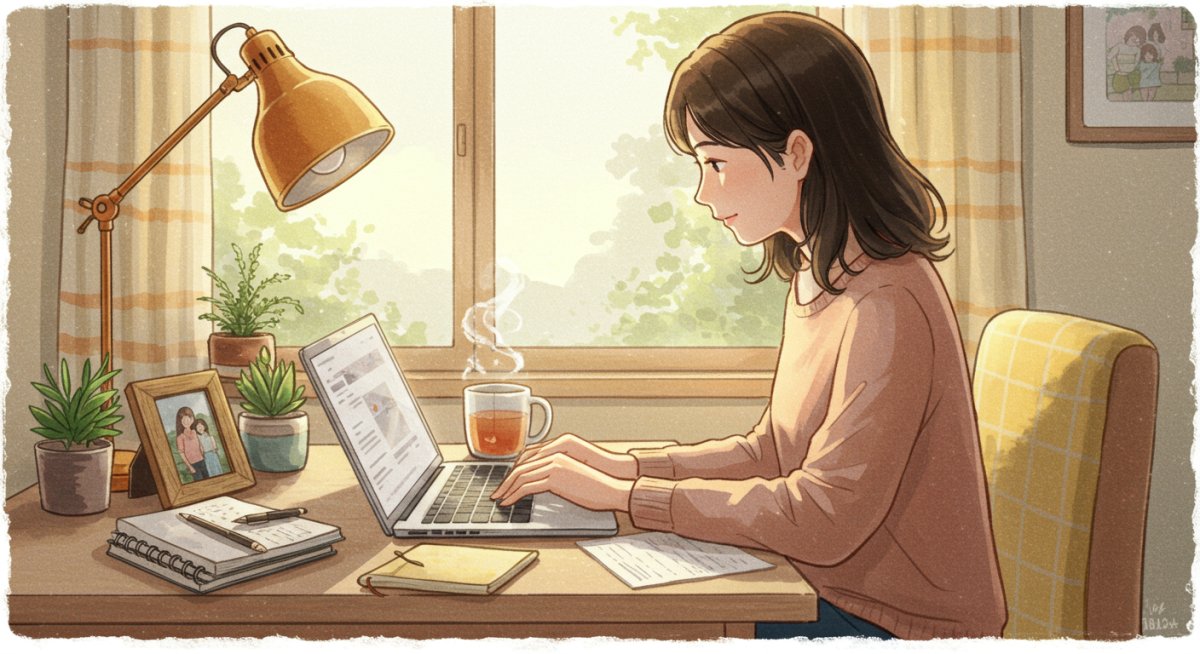 パソコンで記事を書いている様子