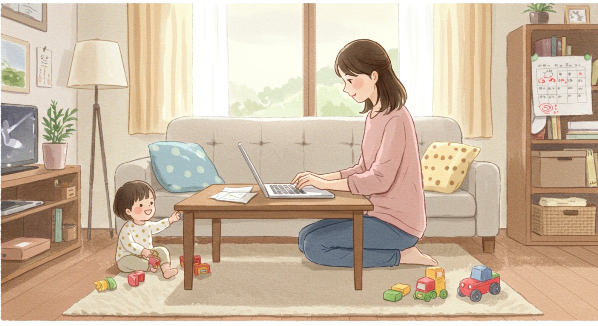 子育てしながら在宅ワークをする様子