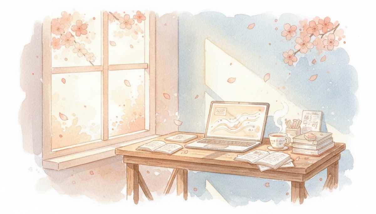 Webライター受講生の成長と実績を象徴する温かい在宅ワーク環境の水彩画
