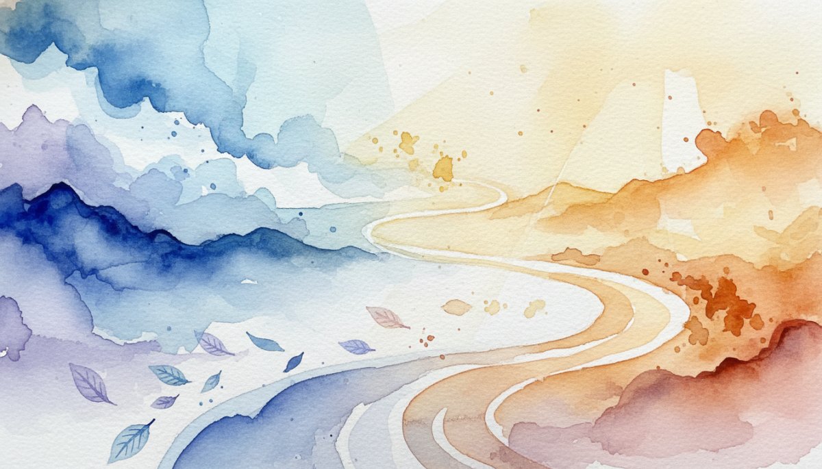自分らしい働き方を見つける旅路を表現した抽象的な水彩画イメージ