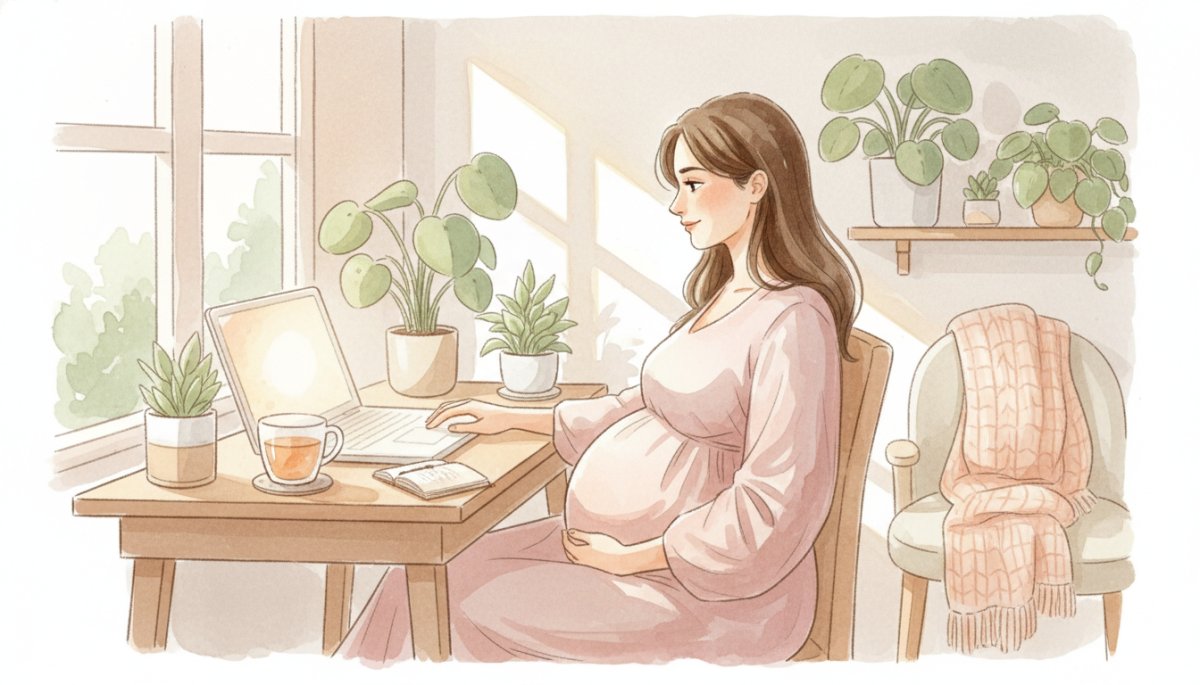 プレママが自宅で学習する様子 水彩画