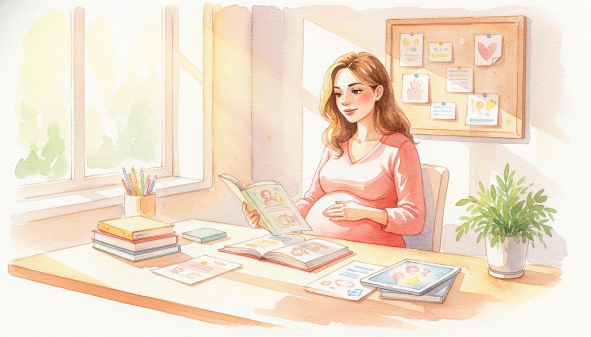 プレママが前向きに学習に取り組む様子 水彩画