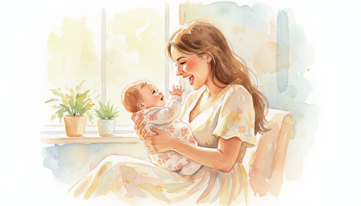 産後のママが赤ちゃんと一緒に笑顔でいる様子 水彩画
