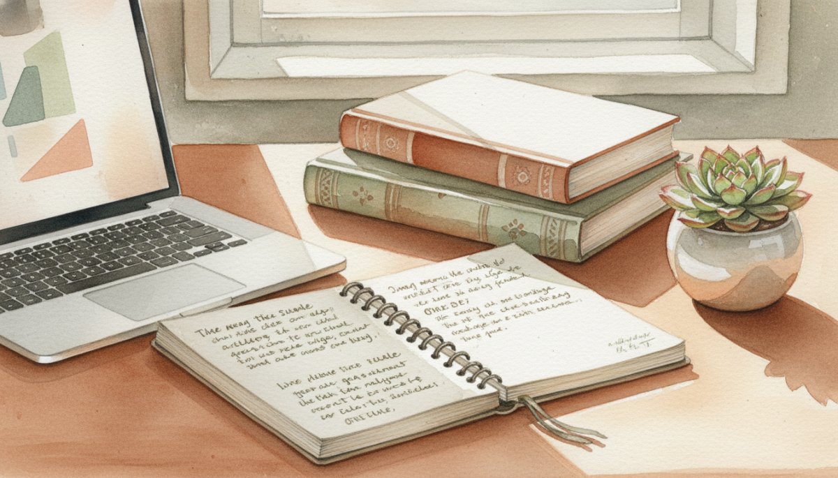 添削ノートと参考書が並ぶWebライターのデスク