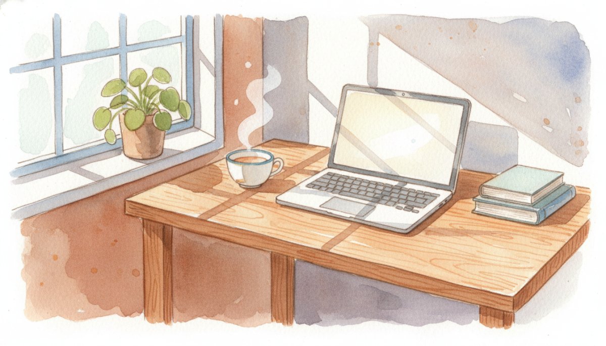 在宅ワークでパソコンに向かう様子を描いた水彩画