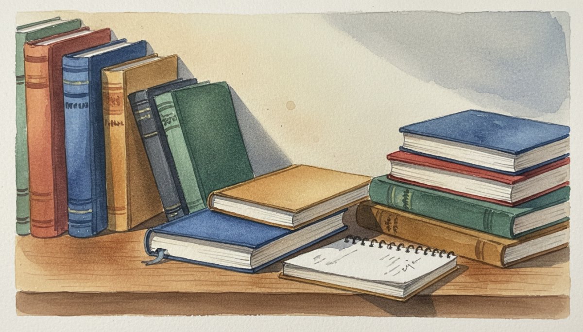 専門知識を象徴する書籍とノートが並ぶ水彩画