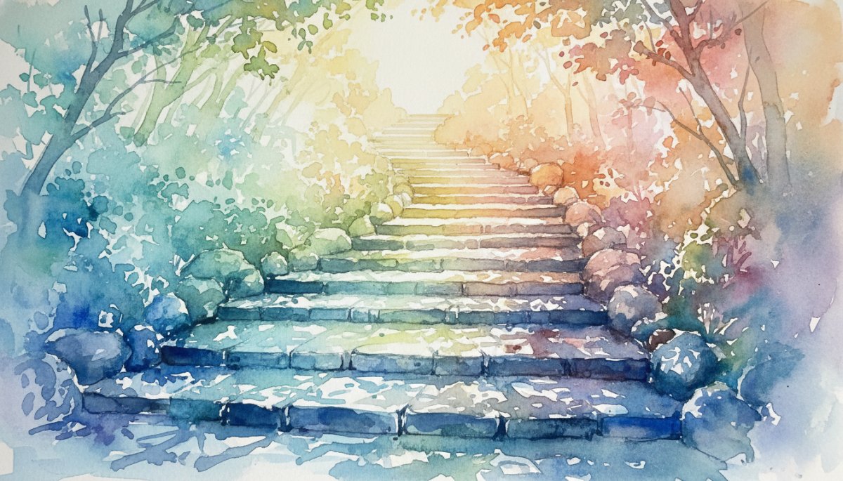 成長と学びを象徴する階段を描いた水彩画