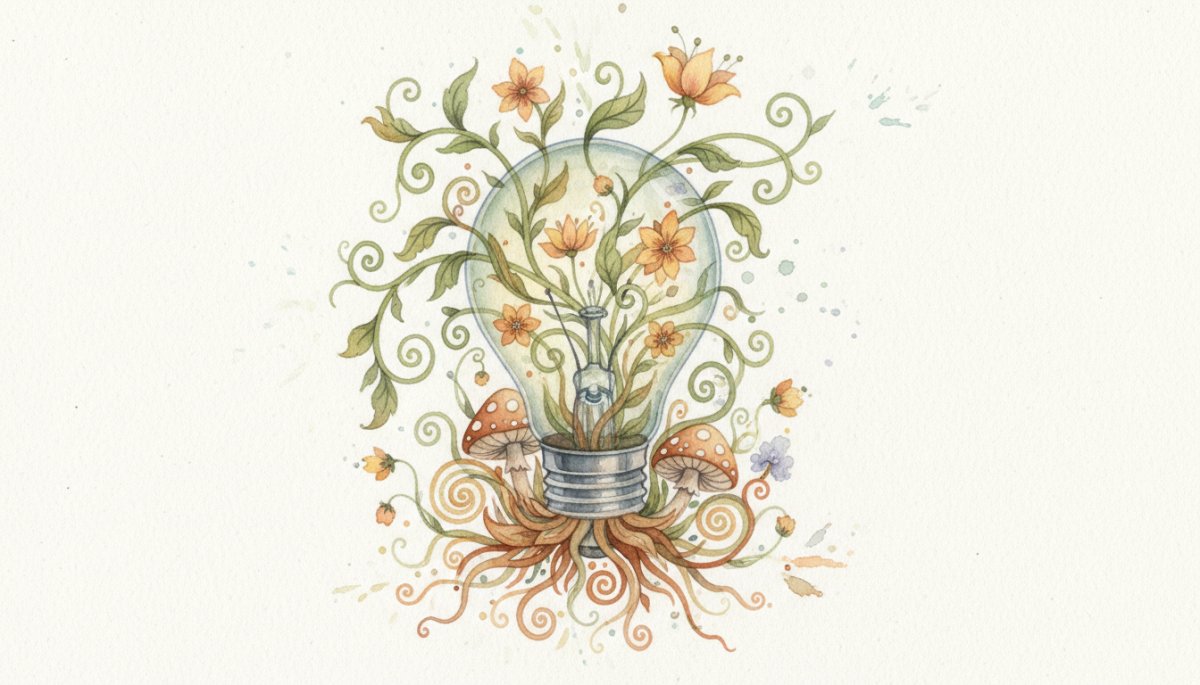 アイデアと創造性を象徴する電球と植物の水彩画