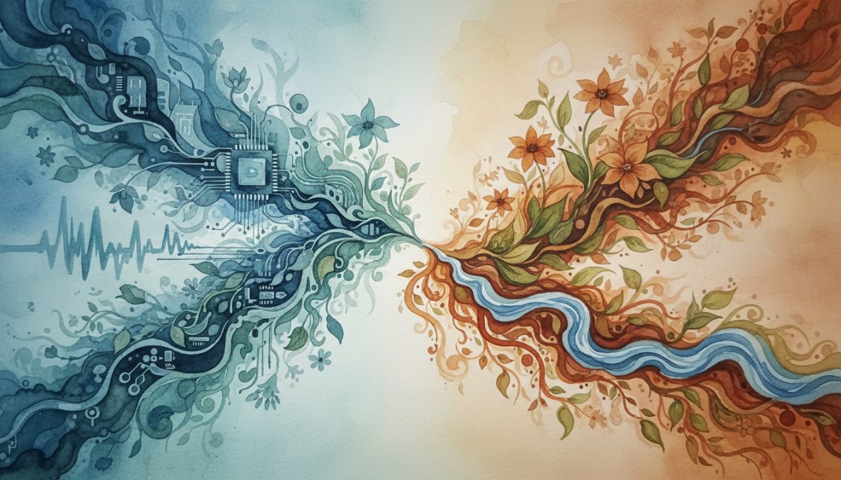 テクノロジーと人間の共存を象徴する水彩画