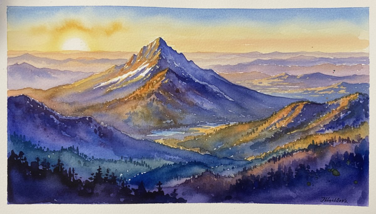 成功と達成を象徴する山頂の風景水彩画