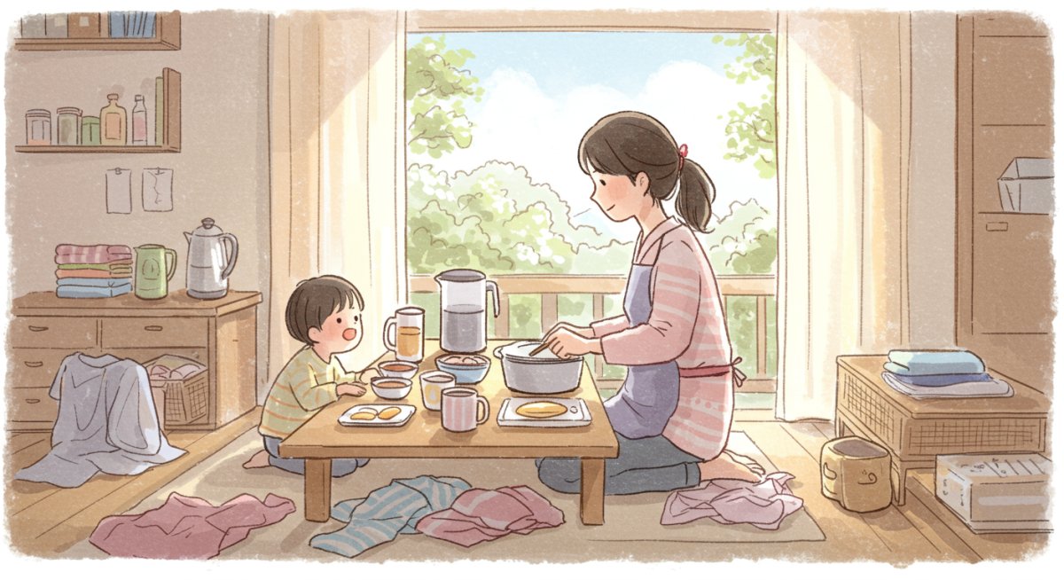 朝の忙しい時間帯のママの様子を描いたラフなイラスト