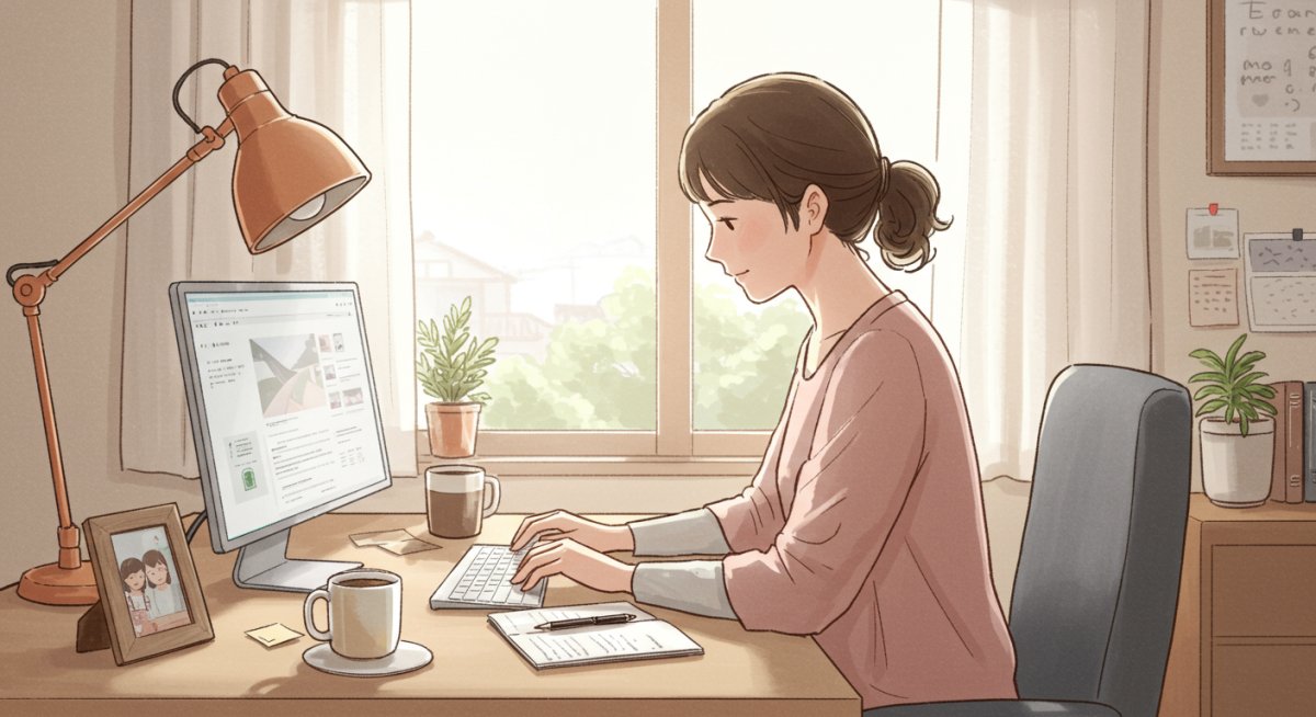 在宅で仕事をするママの様子を描いたイラスト