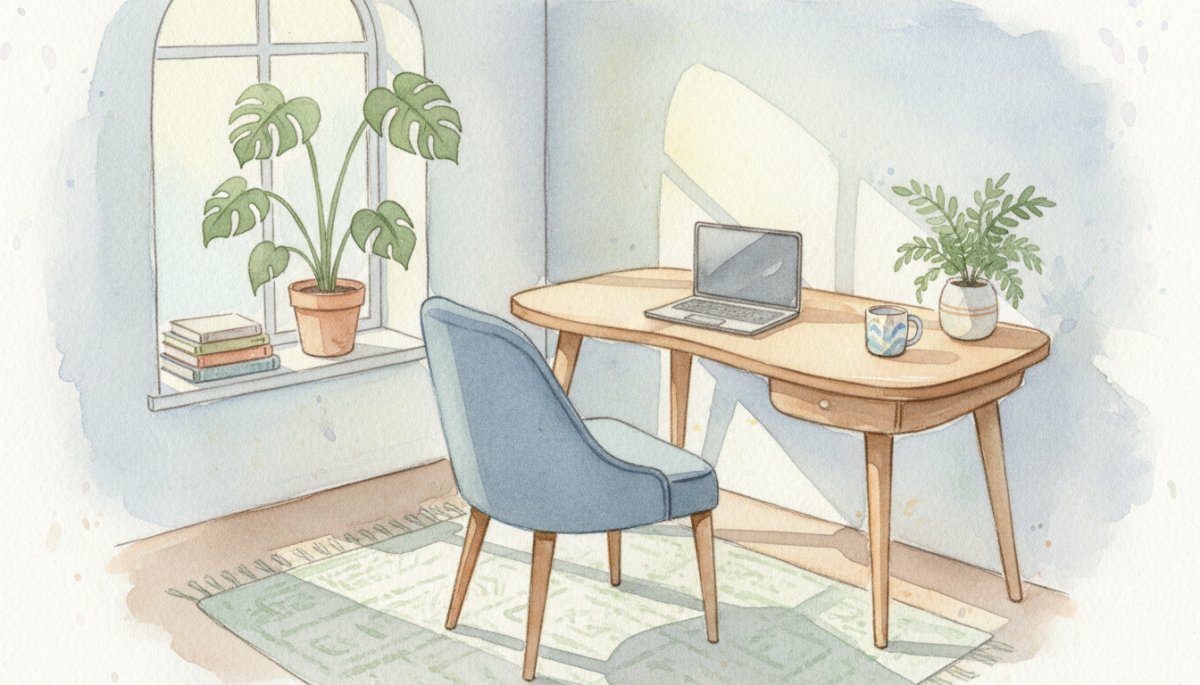 在宅ワークで働くママのイメージ 水彩画