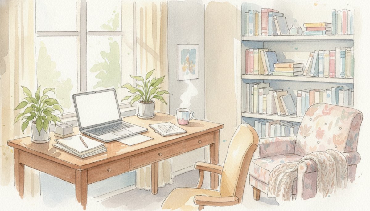 在宅ワークを模索するママの悩み 水彩画