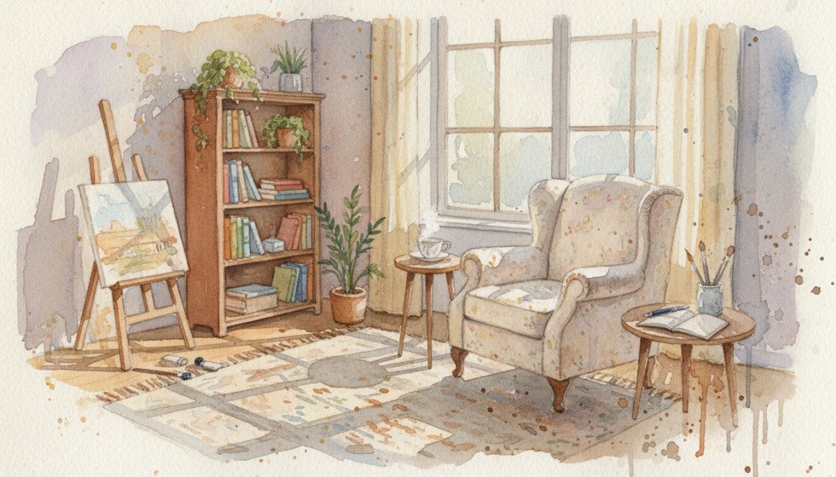 子育てしながら在宅で学習するママのイメージ 水彩画