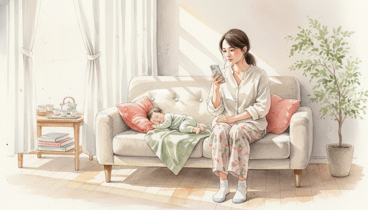 育休中のママがスマホで情報収集している様子