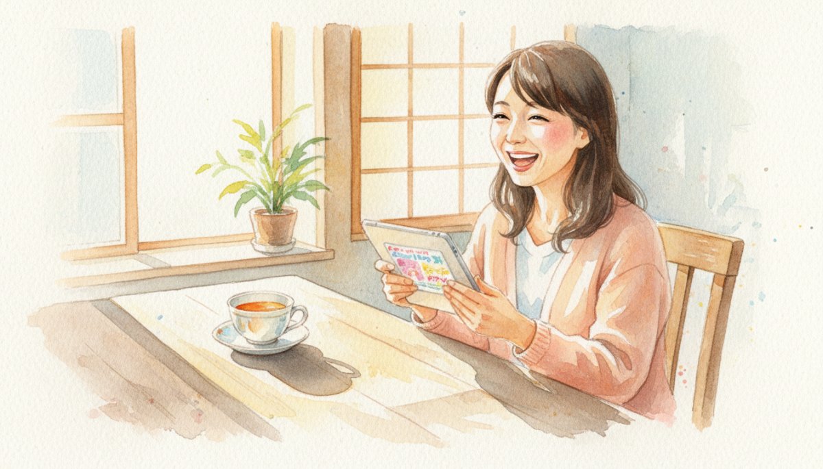 キャンペーン特典を確認するママの嬉しそうな表情