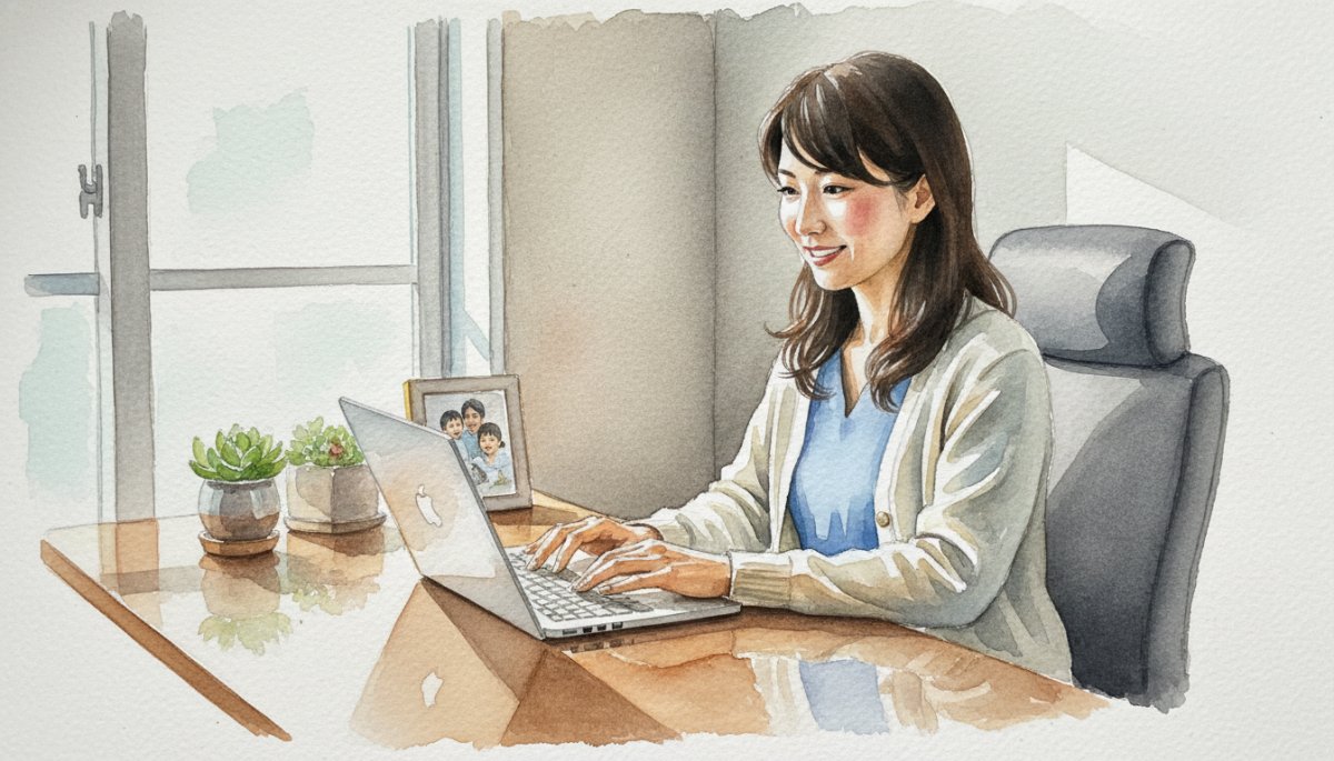 在宅ワークで仕事をするママの充実した表情